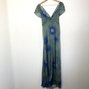 Edun Silk Babydoll Maxi Dress Womens Small Green Blue Abstract Print